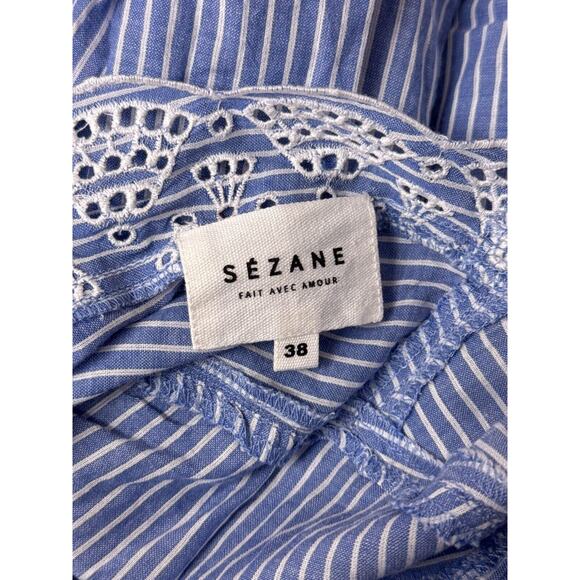 Sezane Top 38 / US 6 Womens Tracy Blouse Blue Striped Scallop Hem Eyelet Tie - Picture 7 of 8